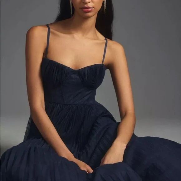 strapless open back dress Anthropologie Hutch Pleated Sweetheart Midi Dress Plus Size 20 Navy New –  Finds For You main image 1